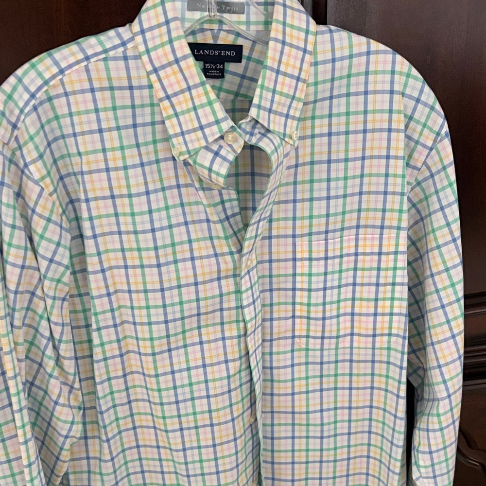 Lands' End Men's Pastel Plaid Button-Down Shirt in Blue, Green, Yellow and Pink